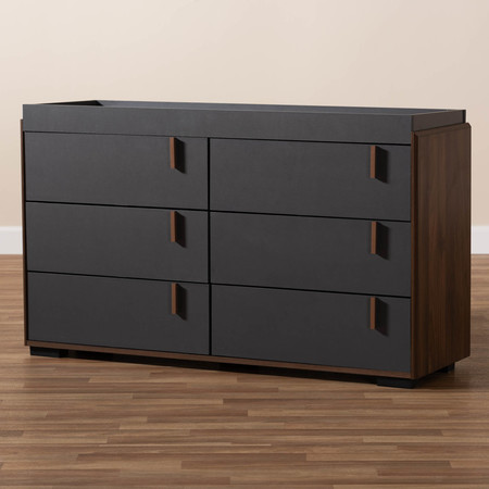 Baxton Studio Rikke Two-Tone Gray and Walnut Finished Wood 6-Drawer Dresser 152-9532